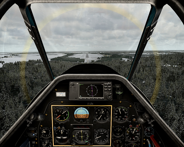 Wyświetlacz nawigacyjny vasFMC w miejscu ekranu GPS w Mustangu P-51 z cywilnym kokpitem.